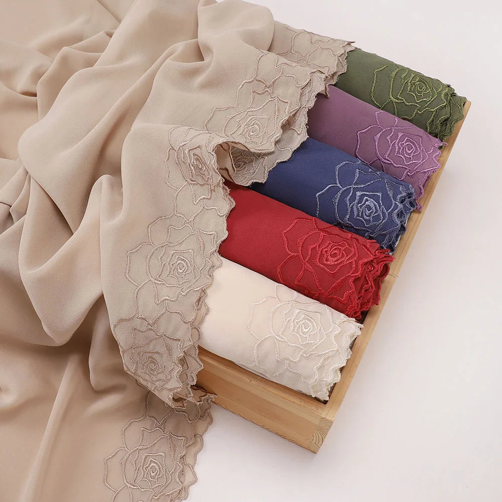 Floral Rose Embroidery Chiffon Hijab, 70 x 175 cm