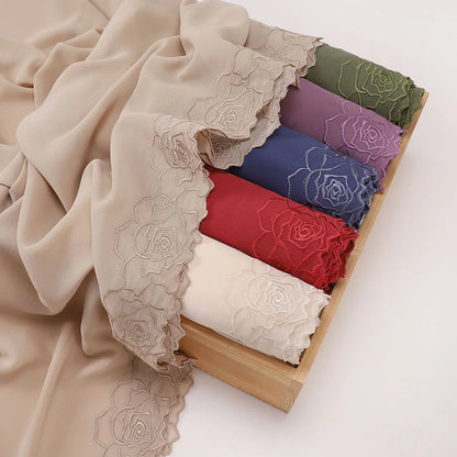 Floral Rose Embroidery Chiffon Hijab, 70 x 175 cm