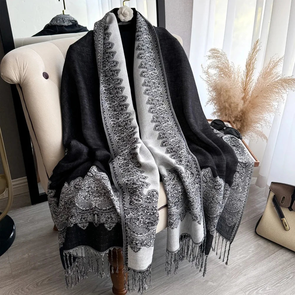 Tassel Blanket Pashmina Shawl – Thick Printed Winter Wrap & Poncho for Women (5 Colors)