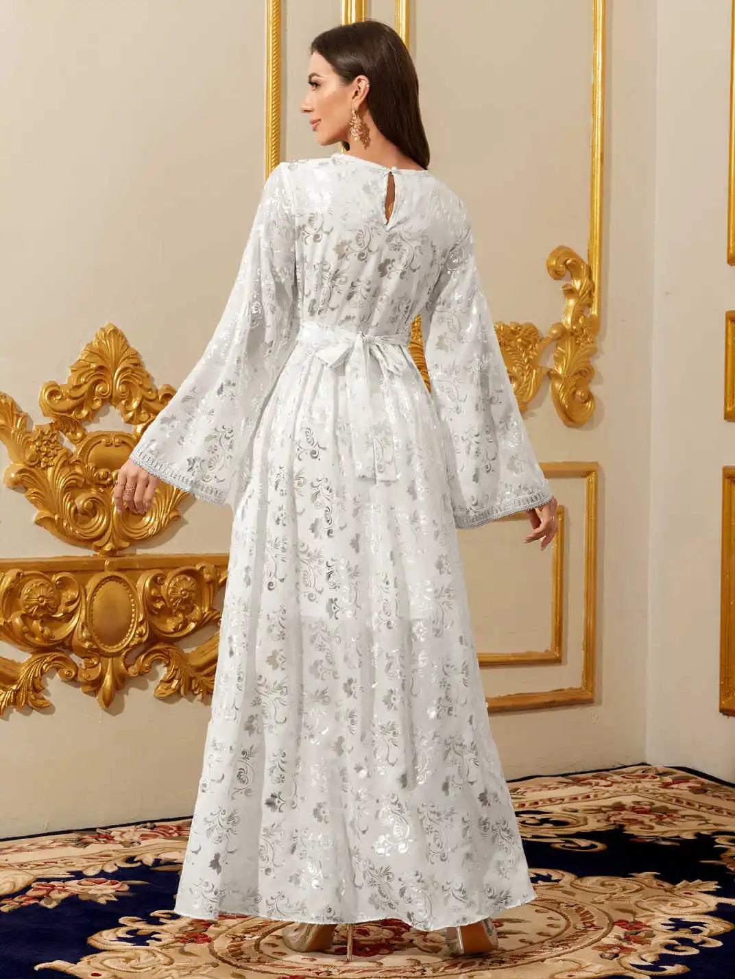 Luxury Satin Abaya Kaftan - Silver Print Maxi Dress