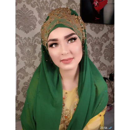 Women's Shimmer Chiffon Hijab Scarf – Gold Glitter & Bead Party Shawl