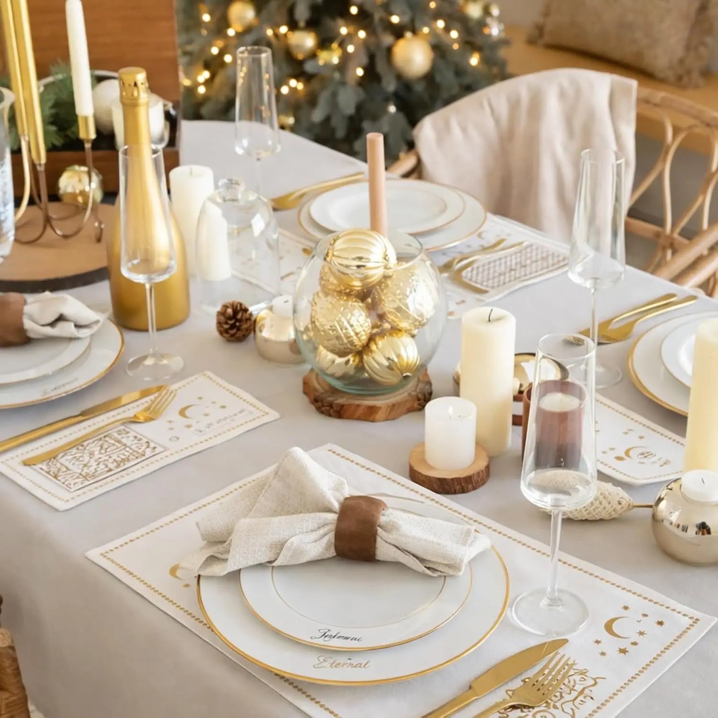 Ramadan Linen Table Decor Set – 19-Piece Islamic Embroidery Placemats, Runner, Coasters & Cutlery Bags