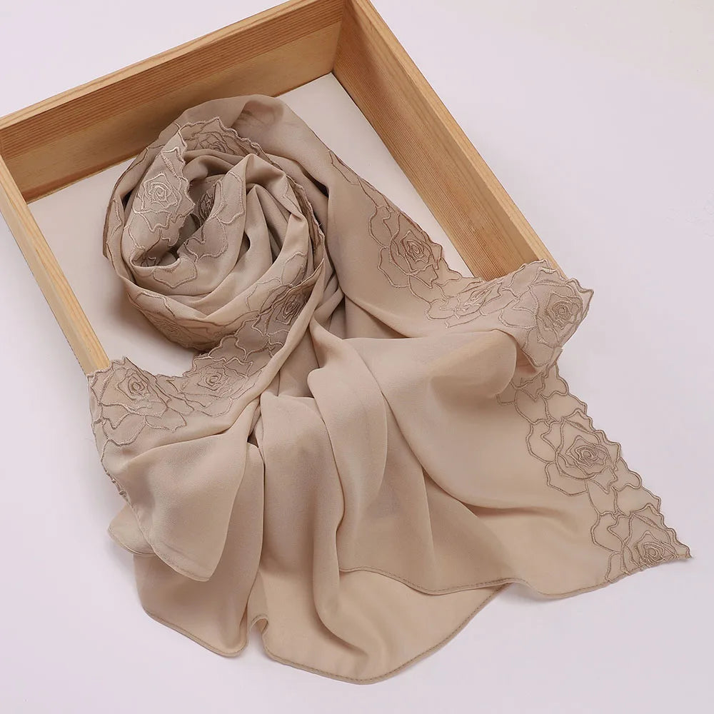 Floral Rose Embroidery Chiffon Hijab, 70 x 175 cm