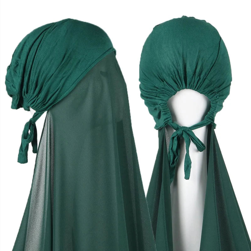 Women's Instant Hijab Bonnet with Chiffon Shawl – 2-in-1 Cap & Scarf