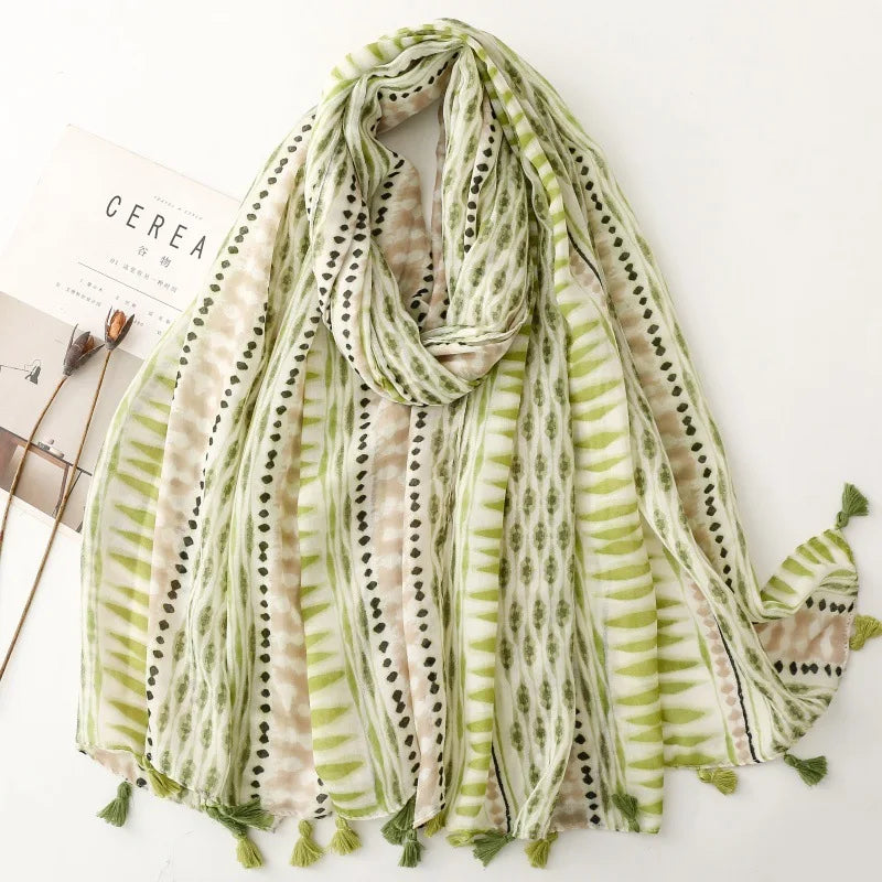 Printed Tassel Hijab Scarf & Shawl for Women | 88×180cm Bohemian Wrap | 60 Designs