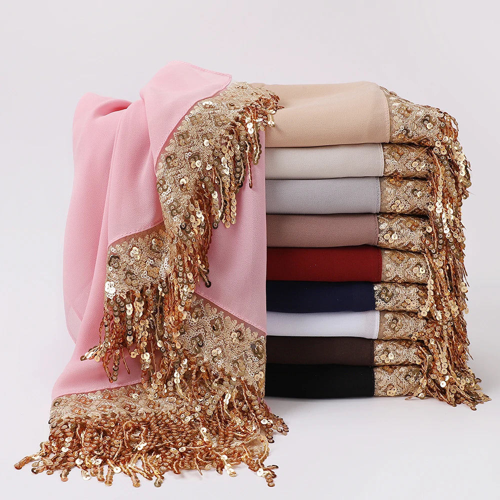 Women's Sequin Tassel Chiffon Hijab – Luxury Long Scarf & Shawl