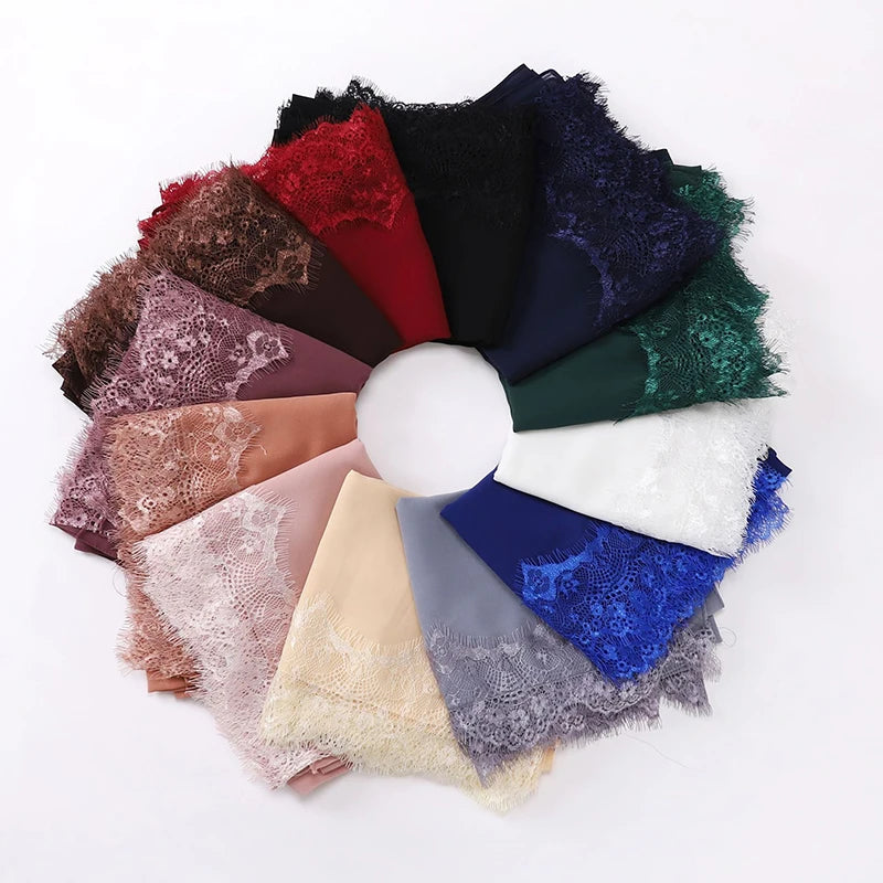 Plain Soft Hijab with Lace Trim – Lightweight Chiffon Muslim Headscarf & Shawl | 170×70cm | 12 Colors