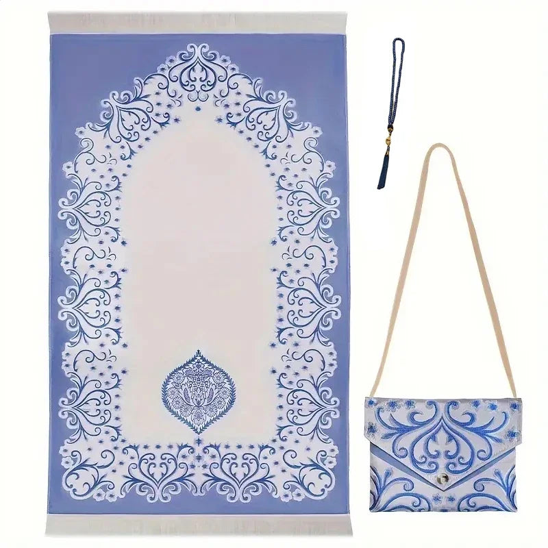 3-Piece Muslim Prayer Mat Set – Prayer Rug, Carry Bag & Tasbih Beads | Ramadan & Hajj Gift