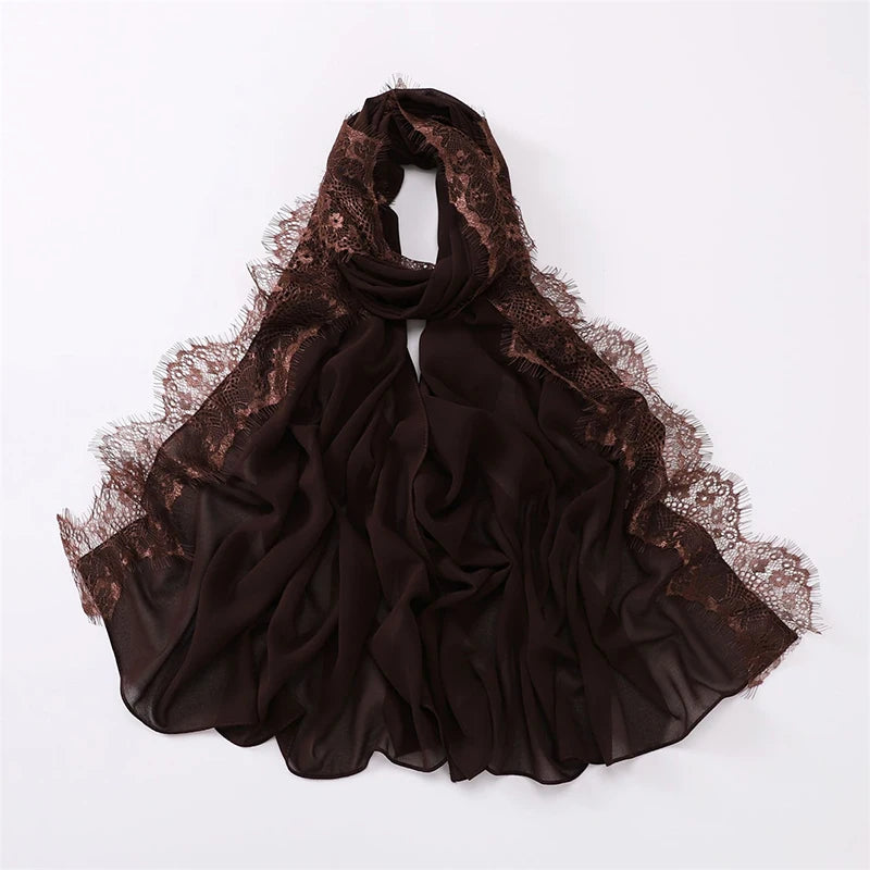 Plain Soft Hijab with Lace Trim – Lightweight Chiffon Muslim Headscarf & Shawl | 170×70cm | 12 Colors