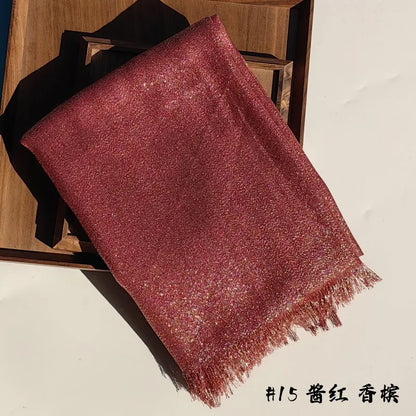 Shiny Fringe Hijab Shawl - 200x80cm Rayon Solid Color Women's Head Wrap