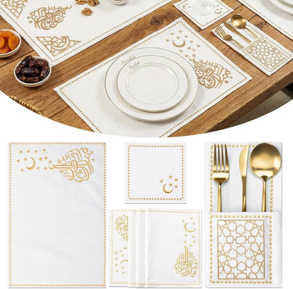 Ramadan Linen Table Decor Set – 19-Piece Islamic Embroidery Placemats, Runner, Coasters & Cutlery Bags