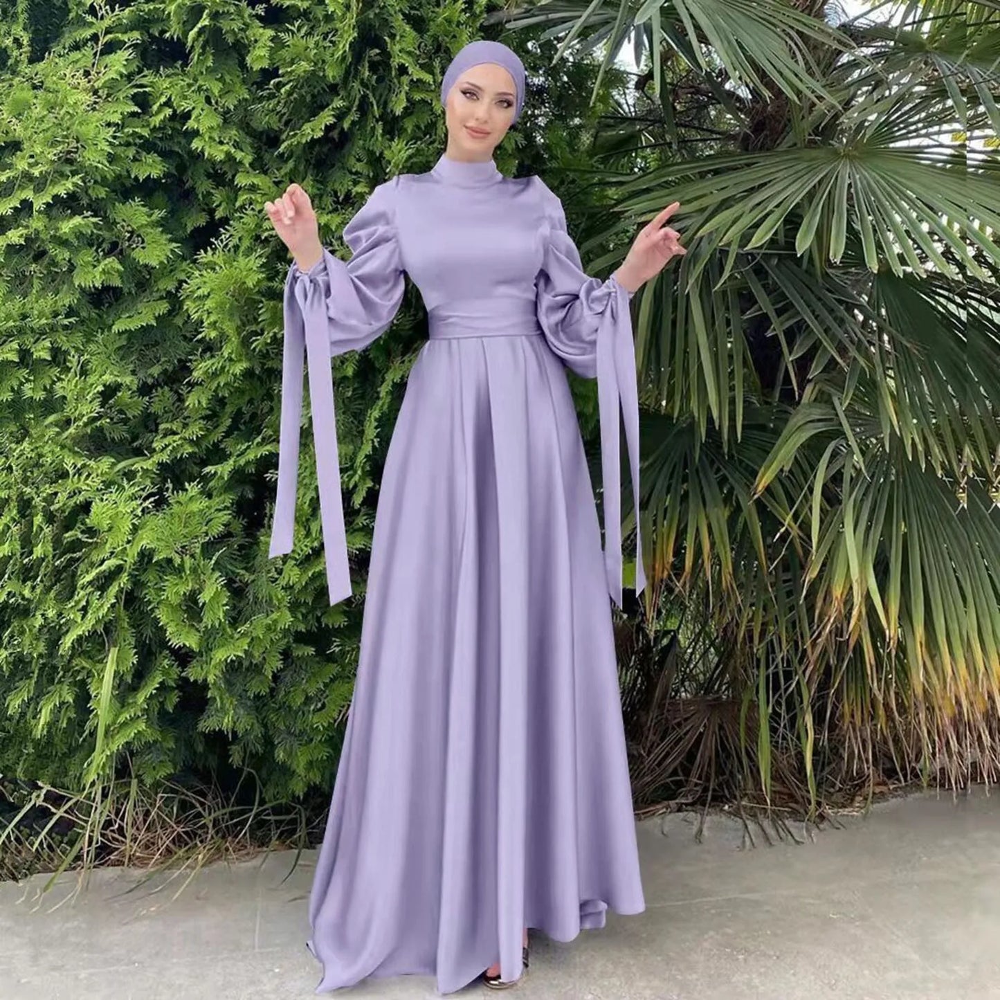 Lantern Sleeve Abaya - Belted Broadcloth Maxi Dress