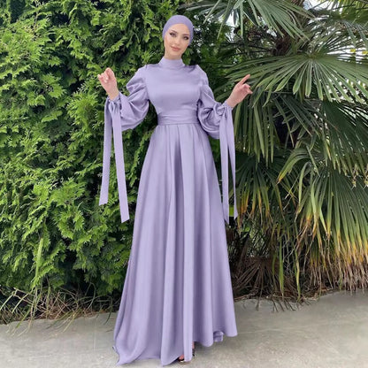 Lantern Sleeve Abaya - Belted Broadcloth Maxi Dress