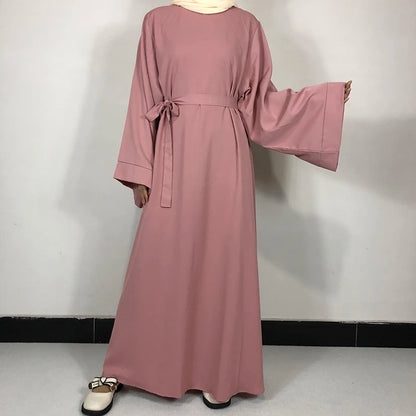 Plain Nida Abaya with Belt – Long-Sleeve Modest Dress