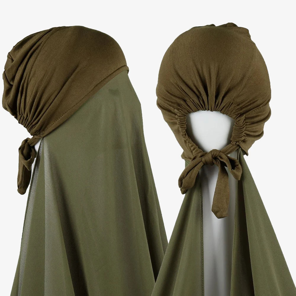 Women's Instant Hijab Bonnet with Chiffon Shawl – 2-in-1 Cap & Scarf