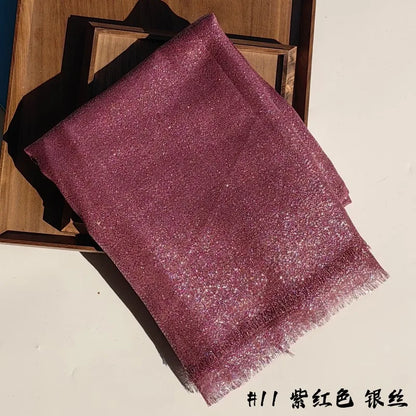 Shiny Fringe Hijab Shawl - 200x80cm Rayon Solid Color Women's Head Wrap