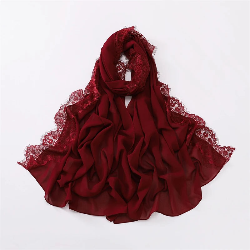 Plain Soft Hijab with Lace Trim – Lightweight Chiffon Muslim Headscarf & Shawl | 170×70cm | 12 Colors