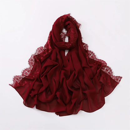 Plain Soft Hijab with Lace Trim – Lightweight Chiffon Muslim Headscarf & Shawl | 170×70cm | 12 Colors