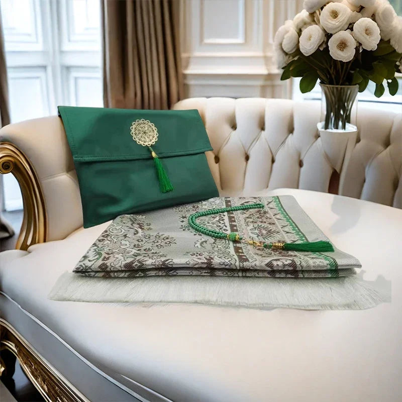 3-Piece Muslim Prayer Mat Set – Prayer Rug, Carry Bag & Tasbih Beads | Ramadan & Hajj Gift