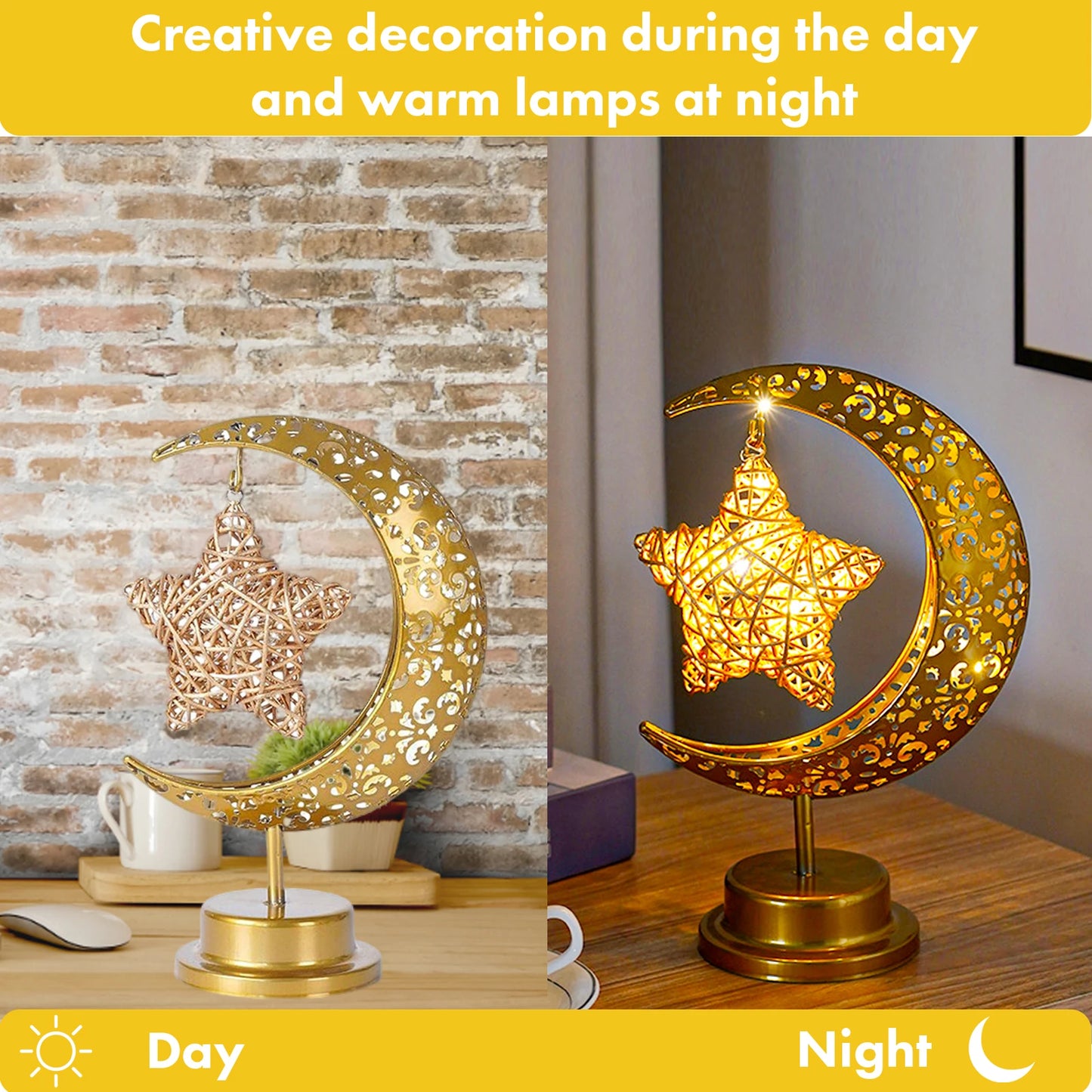 Ramadan Crescent Moon Table Lamp - Gold Hollow Night Light