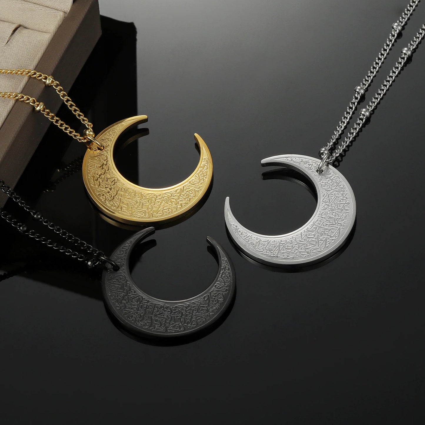 Ayatul Kursi Crescent Moon Necklace – Islamic Stainless Steel Pendant | Gold, Silver, Black & Rose Gold