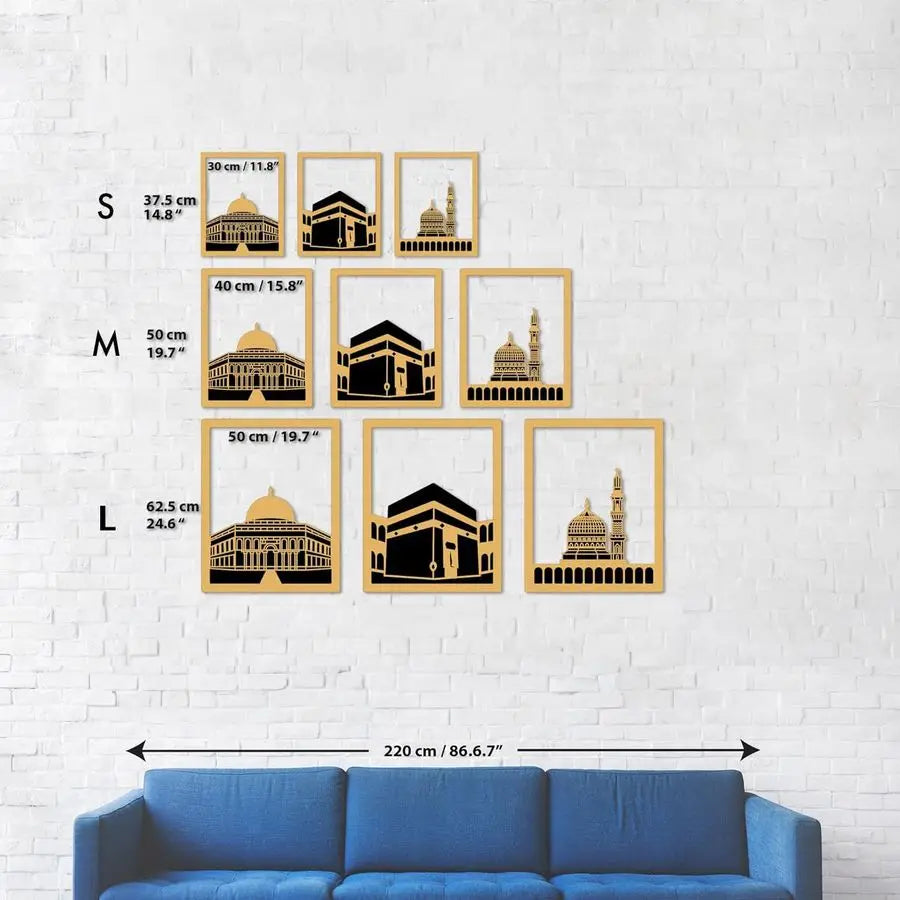 Three Blessed Mosques Wooden Islamic Wall Art | Masjid Al-Aqsa, Kaaba & Masjid An-Nabawi Decor
