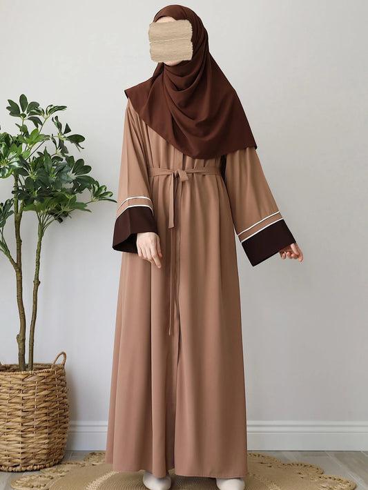 Women's Open-Front Patchwork Abaya – Elegant Long-Sleeve Robe