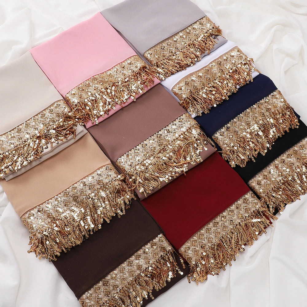 Women's Sequin Tassel Chiffon Hijab – Luxury Long Scarf & Shawl