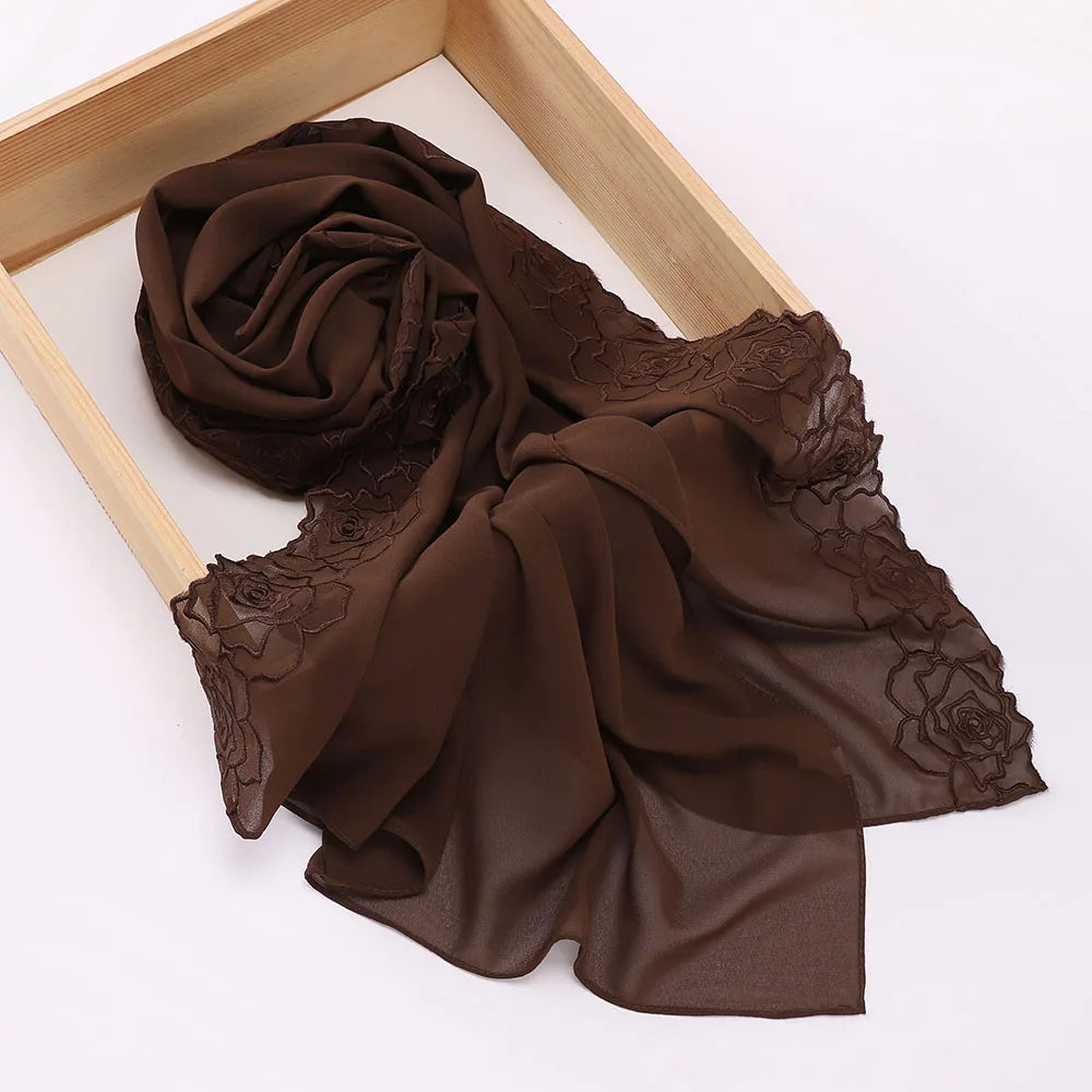 Floral Rose Embroidery Chiffon Hijab, 70 x 175 cm
