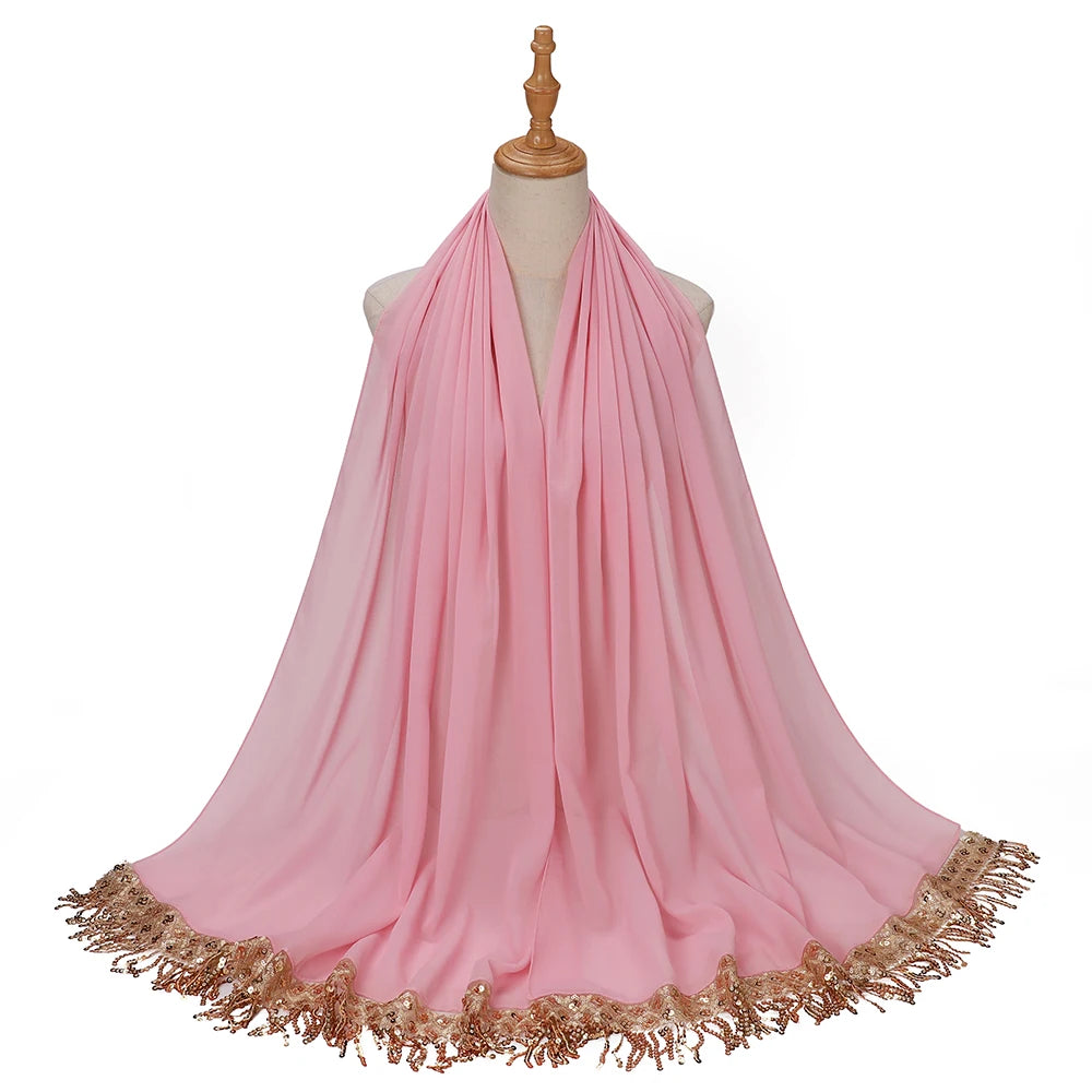Women's Sequin Tassel Chiffon Hijab – Luxury Long Scarf & Shawl