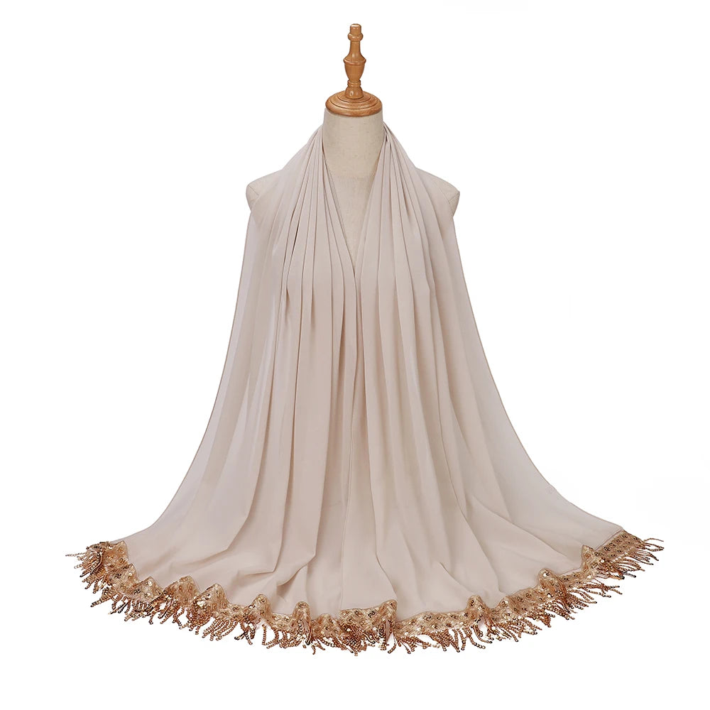 Women's Sequin Tassel Chiffon Hijab – Luxury Long Scarf & Shawl