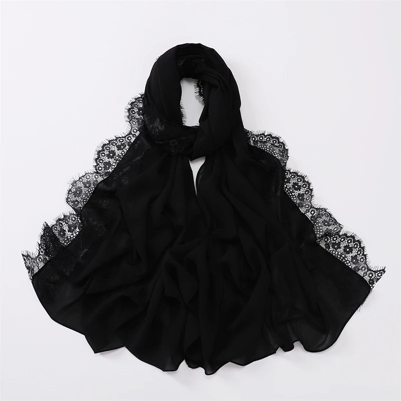 Plain Soft Hijab with Lace Trim – Lightweight Chiffon Muslim Headscarf & Shawl | 170×70cm | 12 Colors