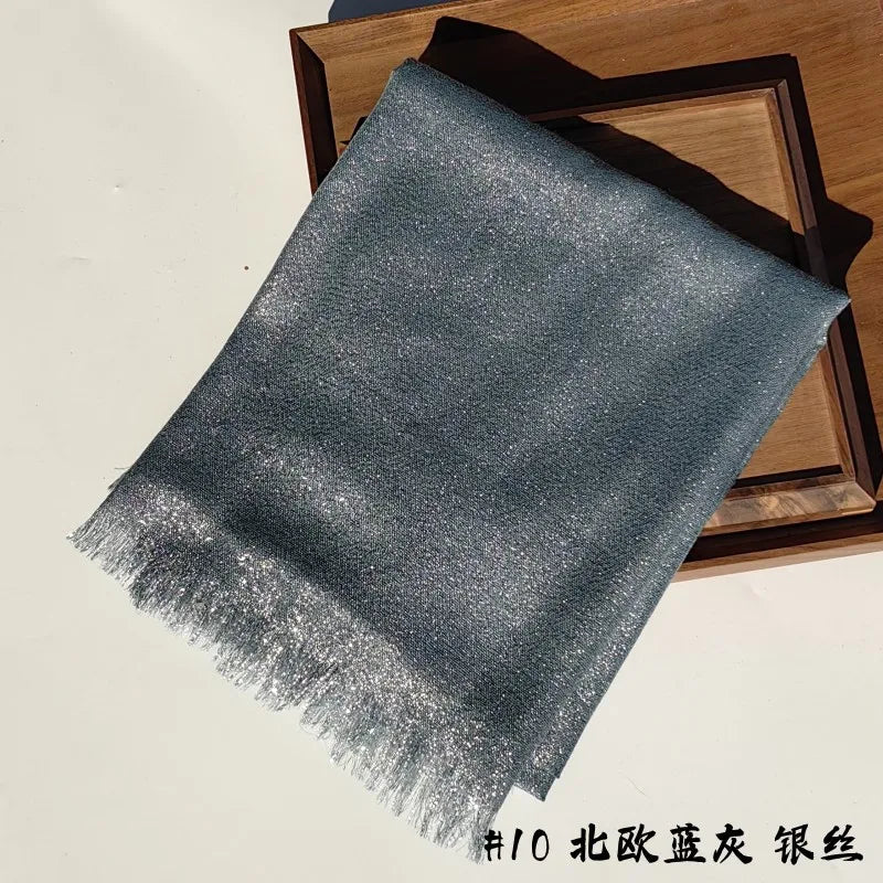 Shiny Fringe Hijab Shawl - 200x80cm Rayon Solid Color Women's Head Wrap