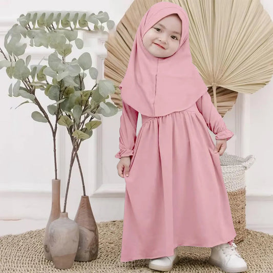 Baby Girls Muslim Abaya & Hijab Set – Solid Color Robe for Eid & Prayer | 0–5 Years