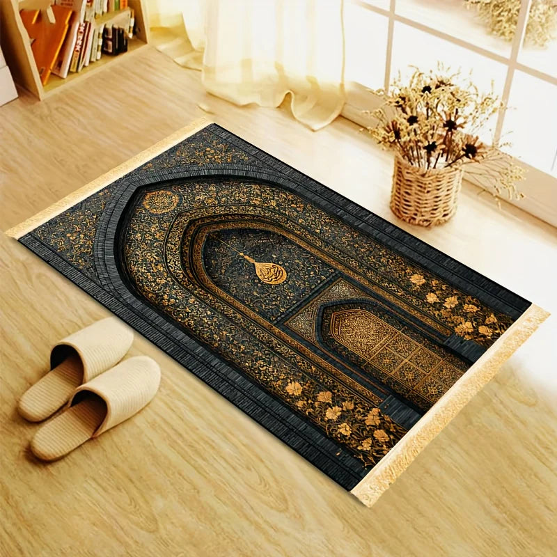 Black & Gold Holy City Prayer Rug – Durable Non-Slip Muslim Prayer Mat | Indoor & Outdoor | 2 Sizes