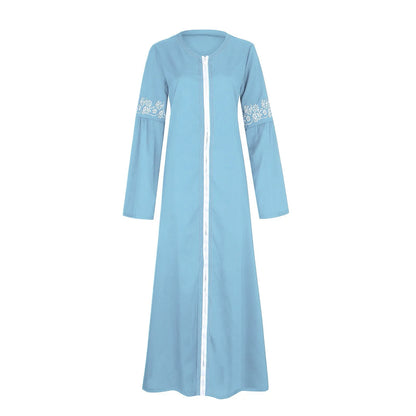 Floral Print Zipper Abaya - Long Sleeve Maxi Dress