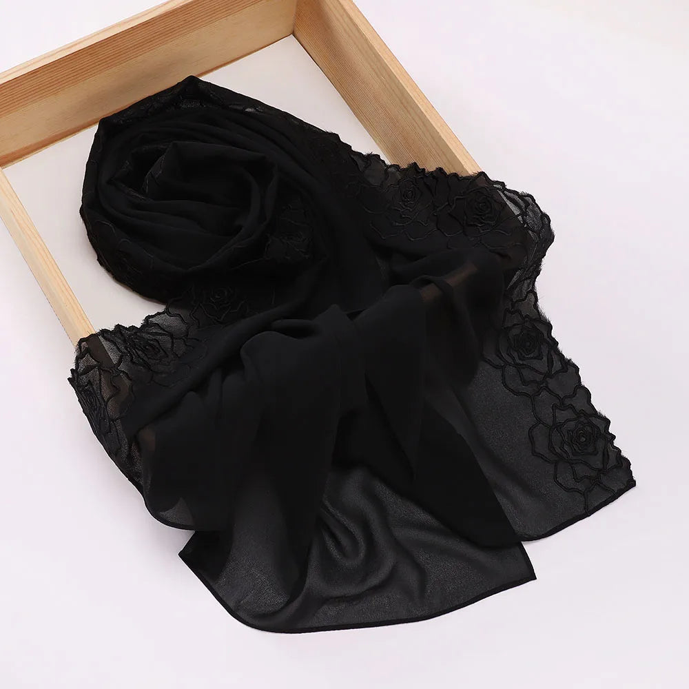Floral Rose Embroidery Chiffon Hijab, 70 x 175 cm