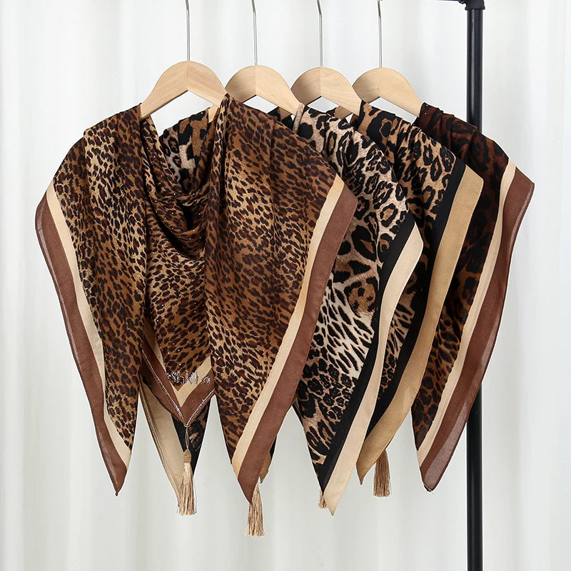 Leopard Print Satin Hijab with Diamond Detail – Square Headscarf & Shawl (4 Colors)