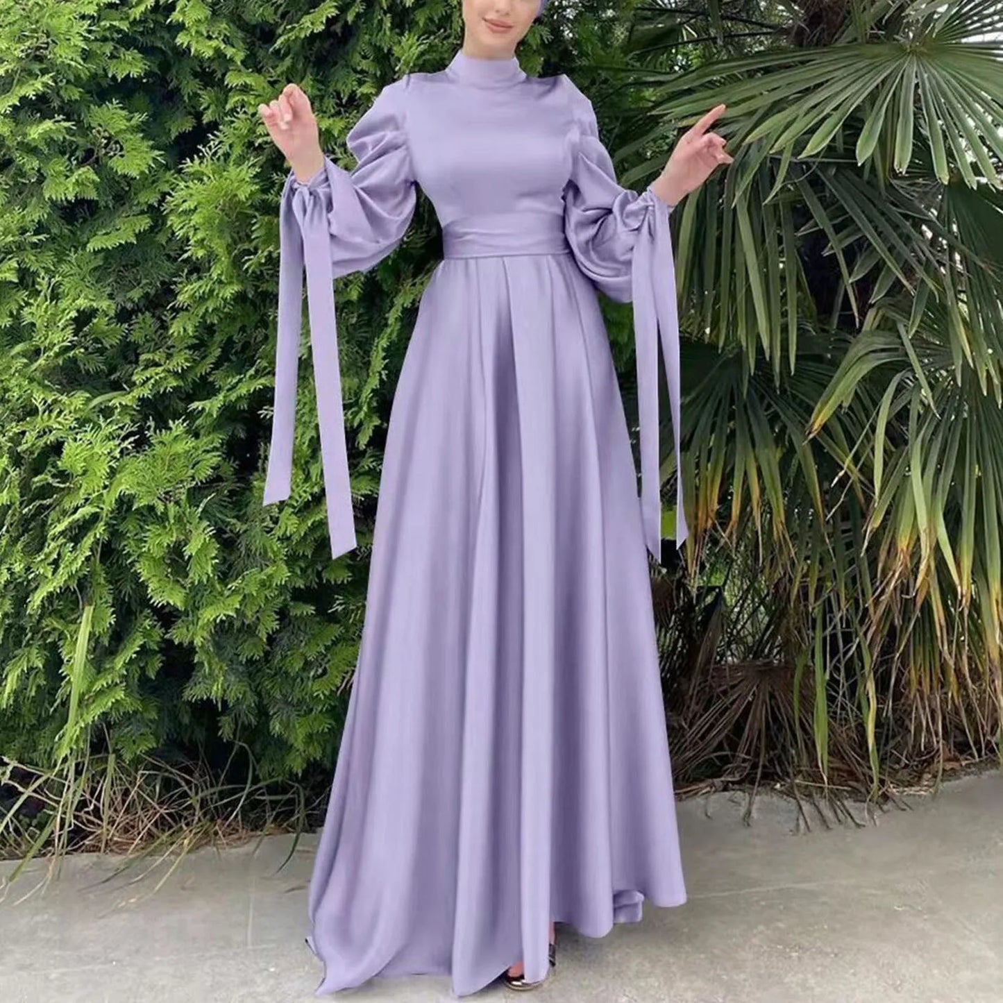 Lantern Sleeve Abaya - Belted Broadcloth Maxi Dress