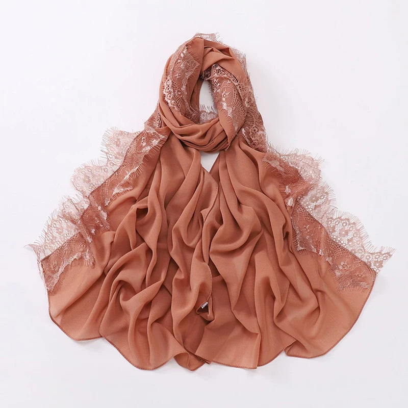 Plain Soft Hijab with Lace Trim – Lightweight Chiffon Muslim Headscarf & Shawl | 170×70cm | 12 Colors