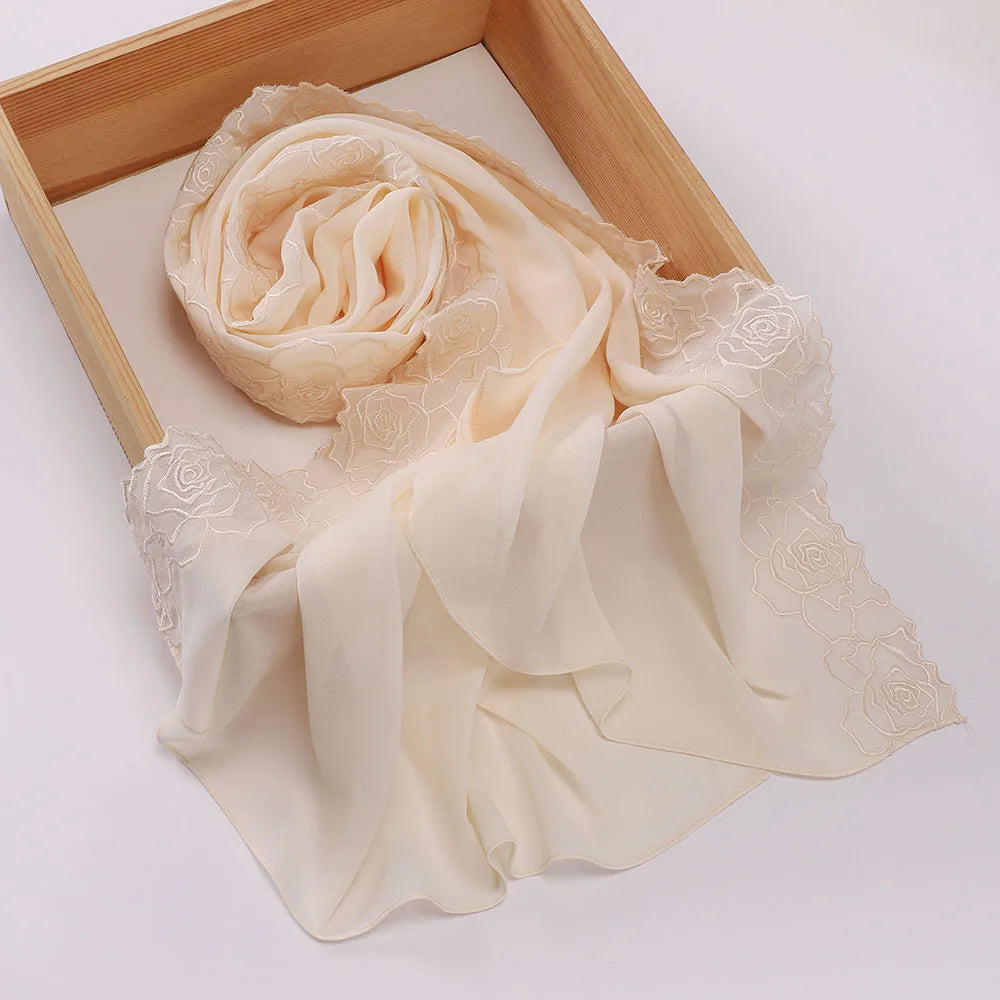 Floral Rose Embroidery Chiffon Hijab, 70 x 175 cm