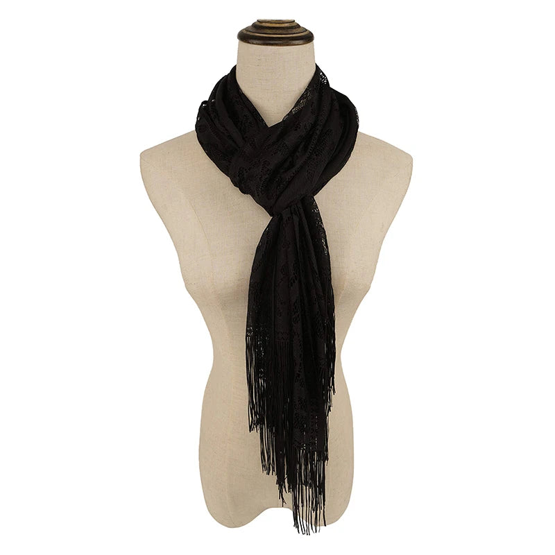 Floral Lace Tassel Scarf – Fringe Shawl & Muslim Hijab for Women | 5 Colors