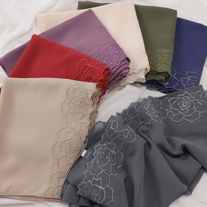 Floral Rose Embroidery Chiffon Hijab, 70 x 175 cm