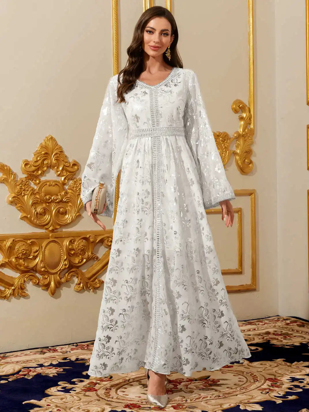 Luxury Satin Abaya Kaftan - Silver Print Maxi Dress