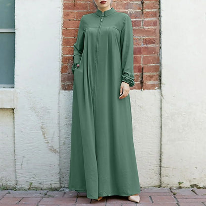 Women's Front Zip Stand-Collar Abaya with Pockets – Loose Fit, S–XXL