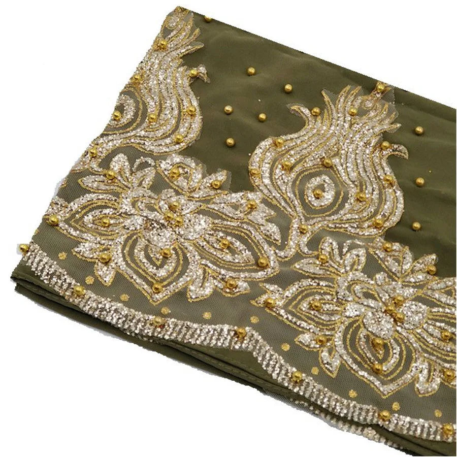 Women's Shimmer Chiffon Hijab Scarf – Gold Glitter & Bead Party Shawl