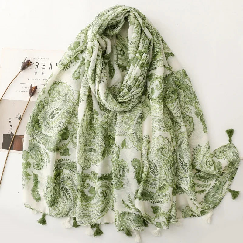Printed Tassel Hijab Scarf & Shawl for Women | 88×180cm Bohemian Wrap | 60 Designs