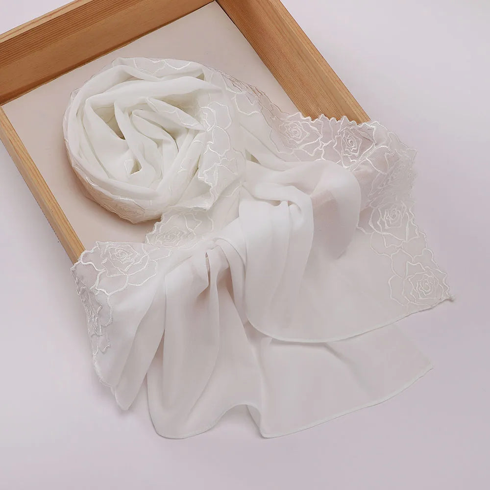 Floral Rose Embroidery Chiffon Hijab, 70 x 175 cm