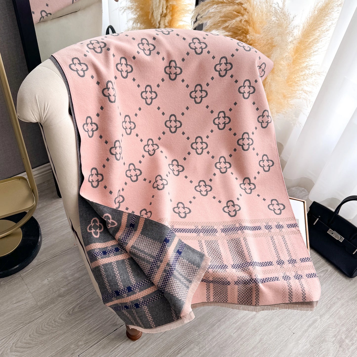 Plaid Blanket Scarf & Shawl – Thick Winter Wrap & Hijab for Women | Black & Pink