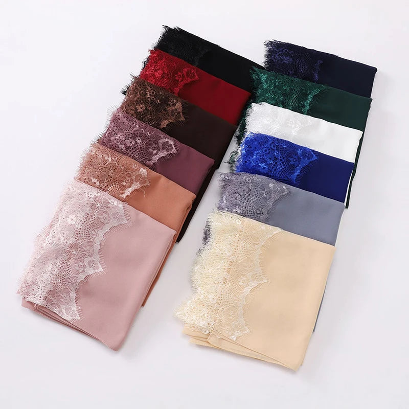 Plain Soft Hijab with Lace Trim – Lightweight Chiffon Muslim Headscarf & Shawl | 170×70cm | 12 Colors